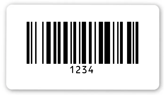 Universaletiketten Material:Polyethylen-Folie hochglänzend weiß Größe:54x30mm Kopfzeile:"ohne" Barcode:128B Stellenanzahl:4-stellig Ausführung:1 Etikette pro Nummer Menge:500