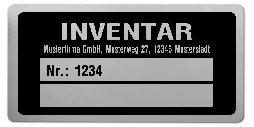 Inventaretiketten Material:Polyester-Folie Silberoptik matt Größe:68x34mm Kopfzeile:"Ihr Wunschtext" Fortlaufend nummerierte INVENTAR Etiketten auf PE-Folie hochglänzend weiß oder Silberoptik matt mit Ihrem Wunschtext als Adresszeile im Kontrastdruck. 