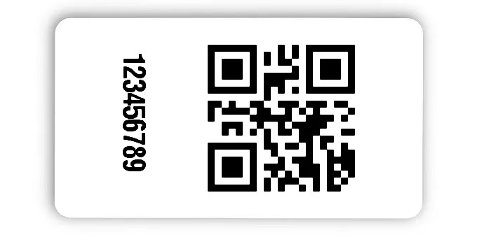 Universaletiketten Material:Folie hochglänzend weiß Größe:45x25mm Kopfzeile:"ohne" Barcode:QR Stellenanzahl:9-stellig Ausführung:4 Etiketten pro Nummer Menge:100