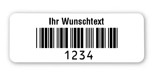 Prüfetiketten Material:Polyethylen-Folie hochglänzend weiß Größe:40x15mm Kopfzeile:"Ihr Wunschtext" Barcode:Code 39 ohne Prüfziffer Stellenanzahl:4-stellig Ausführung:1 Etikette pro Nummer Menge:500