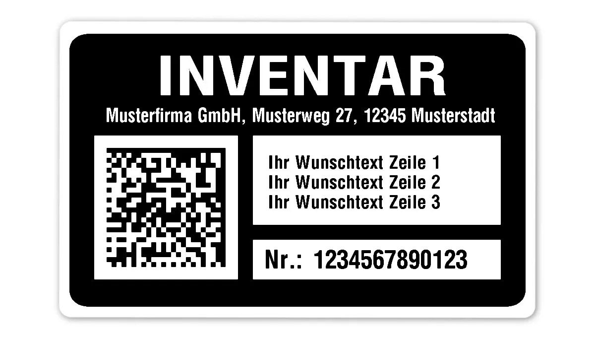 Inventaretiketten Material:Polyethylen-Folie hochglänzend weiß Größe:80x50mm Kopfzeile:"Ihr Wunschtext" Barcode:DataMatrix Stellenanzahl:13-stellig Menge:100
