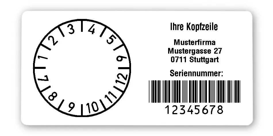 Prüfplakettenträger Material:Polyethylen-Folie hochglänzend weiß Größe:68x34mm Kopfzeile:"Ihr Wunschtext" Barcode:Code 39 ohne Prüfziffer Stellenanzahl:8-stellig Ausführung:1 Etikette pro Nummer Menge:300