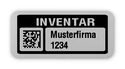 Inventaretiketten Material:Polyester-Folie Silberoptik matt Größe:26x12mm Kopfzeile:"Ihr Wunschtext" Barcode:DataMatrix Stellenanzahl:4-stellig Menge:500