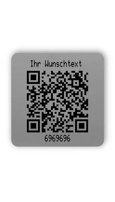 Produktbild:Universaletiketten Material:Folie silber Größe:26x26mm Kopfzeile:"Ihr Wunschtext" Barcode:QR Stellenanzahl:Webadresse Ausführung:1 Etikett pro Nummer Etiketten je Rolle:1000