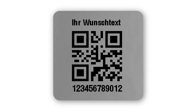 Universaletiketten Material:Folie silber matt Größe:26x26mm Kopfzeile:"Ihr Wunschtext" Barcode:QR Stellenanzahl:12-stellig Ausführung:4 Etiketten pro Nummer Menge:100