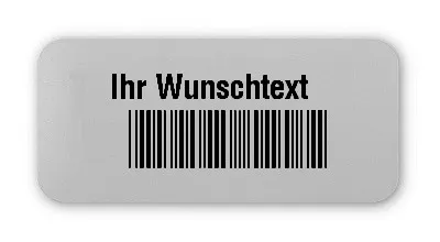 Universaletiketten Material:Polyester-Folie Silberoptik matt Größe:26x12mm Kopfzeile:"Ihr Wunschtext" Barcode:Code 39 mit Prüfziffer Stellenanzahl:6-stellig Ausführung:1 Etikette pro Nummer Menge:1000