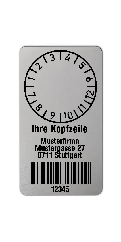 Prüfplakettenträger Material:Polyester-Folie Silberoptik matt Größe:45x25mm Kopfzeile:"Ihr Wunschtext" Barcode:Code 39 ohne Prüfziffer Stellenanzahl:5-stellig Ausführung:1 Etikette pro Nummer Menge:300