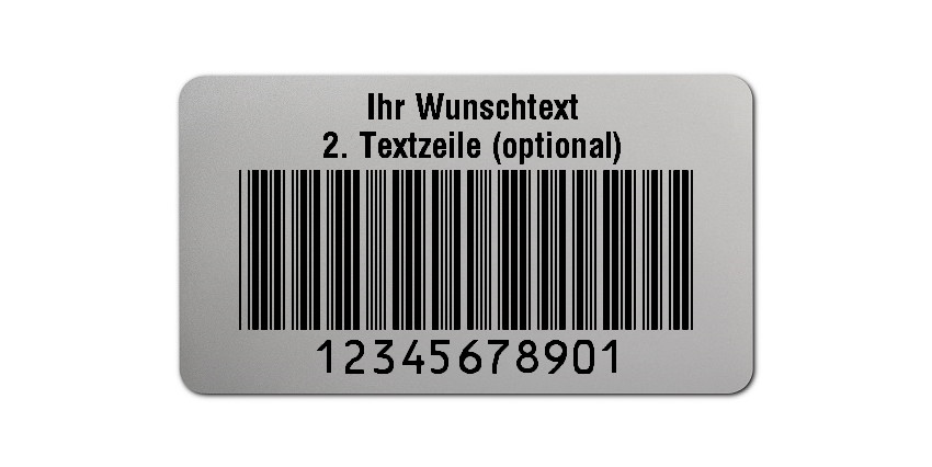 500x Prüfetiketten Folie silber, 45x25mm, 11-stellig ff, Ihr Wunschtext, 1 Etikett pro Nummer