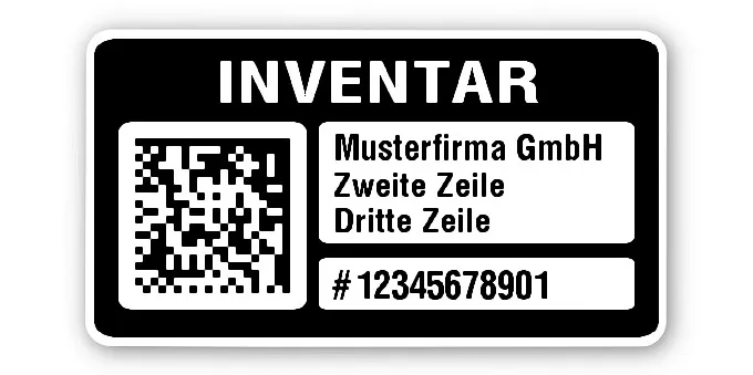 Inventaretiketten Material:Polyethylen-Folie hochglänzend weiß Größe:45x25mm Kopfzeile:"Ihr Wunschtext" Barcode:DataMatrix Stellenanzahl:11-stellig Menge:100