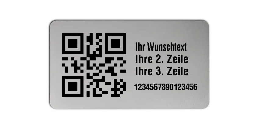 Universaletiketten Material:Polyester-Folie Silberoptik matt Größe:45x25mm Kopfzeile:"Ihr Wunschtext" Barcode:QR Stellenanzahl:16-stellig Ausführung:1 Etikette pro Nummer Menge:100