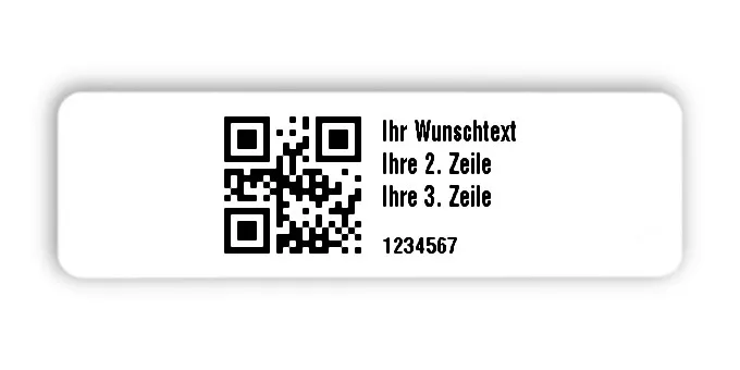 Universaletiketten Material:Polyethylen-Folie hochglänzend weiß Größe:50x15mm Kopfzeile:"Ihr Wunschtext" Barcode:QR Stellenanzahl:7-stellig Ausführung:1 Etikette pro Nummer Menge:1000