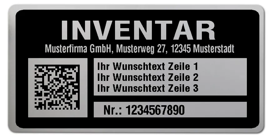 Inventaretiketten Material:Polyester-Folie Silberoptik matt Größe:68x34mm Kopfzeile:"Ihr Wunschtext" Barcode:DataMatrix Stellenanzahl:10-stellig Menge:1000