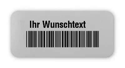 Universaletiketten Material:Polyester-Folie Silberoptik matt Größe:26x12mm Kopfzeile:"Ihr Wunschtext" Barcode:Code 39 mit Prüfziffer Stellenanzahl:8-stellig Ausführung:1 Etikette pro Nummer Menge:1000