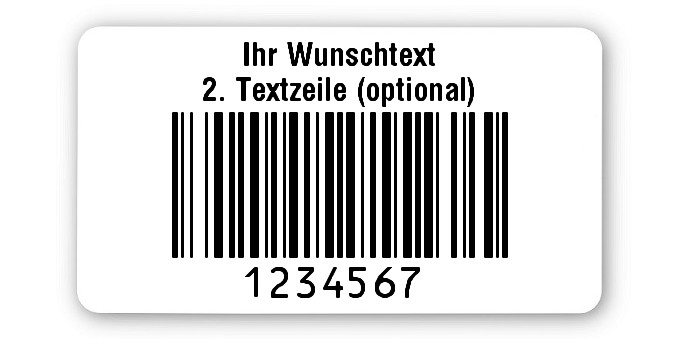 1000x Prüfetiketten Folie weiß, 45x25mm, 128B 7-stellig ff, Ihr Wunschtext, 1 Etikett pro Nummer