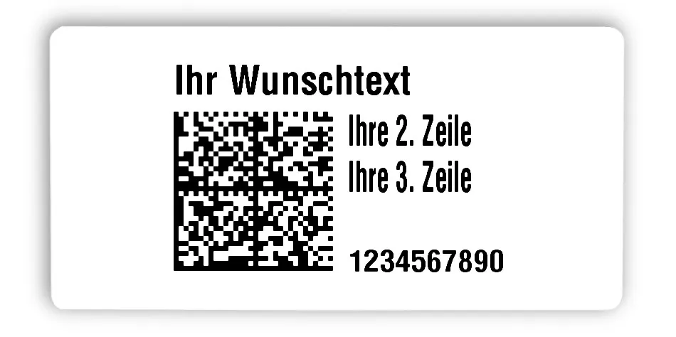 Universaletiketten Material:Polyethylen-Folie hochglänzend weiß Größe:68x34mm Kopfzeile:"Ihr Wunschtext" Barcode:DataMatrix Stellenanzahl:10-stellig Ausführung:1 Etikette pro Nummer Menge:1000