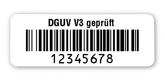 Prüfetiketten Material:Polyethylen-Folie hochglänzend weiß Größe:40x15mm Kopfzeile:"DGUV V3 geprüft" Barcode:128B Stellenanzahl:8-stellig Ausführung:1 Etikette pro Nummer Menge:1000