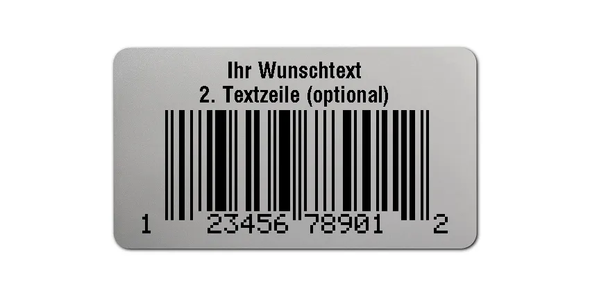 EAN Etiketten Material:Polyester-Folie Silberoptik matt Größe:45x25mm Produkt:EAN Etiketten Kopfzeile:"Ihr Wunschtext" Größe:45x25mm Barcode:UPC A Stellenanzahl:12-stellig Ausführung:1 Etikette pro Nummer Menge:100