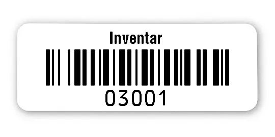 Universaletiketten Material:Folie hochglänzend weiß Größe:40x15mm Kopfzeile:"Inventar" Barcode:128B Stellenanzahl:5-stellig Ausführung:1 Etikette pro Nummer Menge:1000