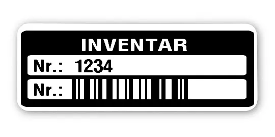 Inventaretiketten Material:Polyethylen-Folie hochglänzend weiß Größe:40x15mm Kopfzeile:"Inventar" Barcode:128C Stellenanzahl:4-stellig Menge:100