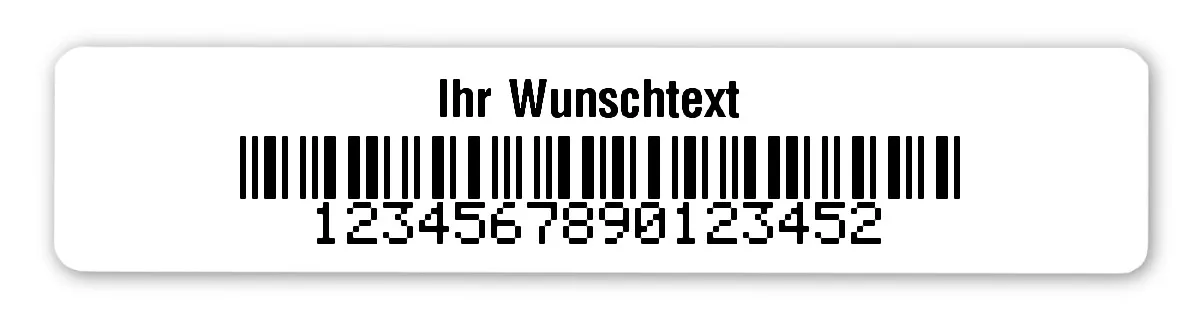 Universaletiketten Material:Polyethylen-Folie weiß matt opak Größe:77x16mm Kopfzeile:"Ihr Wunschtext" Barcode:2a5 mit Prüfziffer Stellenanzahl:16-stellig Ausführung:1 Etikette pro Nummer Menge:500