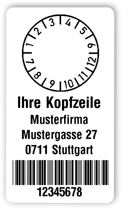 300x Prüfplaketten Folie weiß, 54x30mm, 8-stellig ff, Ihr Wunschtext, 1 Etikett pro Nummer