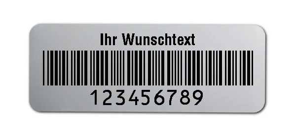 Prüfetiketten Material:Polyester-Folie Silberoptik matt Größe:40x15mm Kopfzeile:"Ihr Wunschtext" Barcode:Code 39 ohne Prüfziffer Stellenanzahl:9-stellig Ausführung:1 Etikette pro Nummer Menge:500