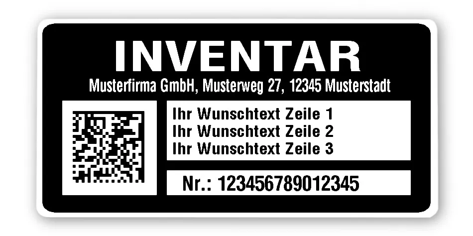 Inventaretiketten Material:Polyethylen-Folie hochglänzend weiß Größe:68x34mm Kopfzeile:"Ihr Wunschtext" Barcode:DataMatrix Stellenanzahl:15-stellig Menge:1000