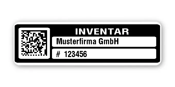 Inventaretiketten Material:Polyethylen-Folie hochglänzend weiß Größe:50x15mm Kopfzeile:"Ihr Wunschtext" Barcode:DataMatrix Stellenanzahl:6-stellig Menge:1000