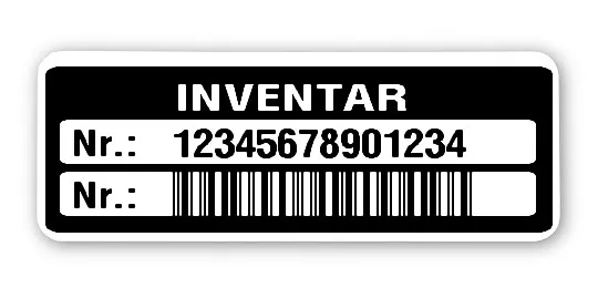 Inventaretiketten Material:Polyethylen-Folie hochglänzend weiß Größe:40x15mm Kopfzeile:"Inventar" Barcode:2a5 interleaved Stellenanzahl:14-stellig Menge:1000