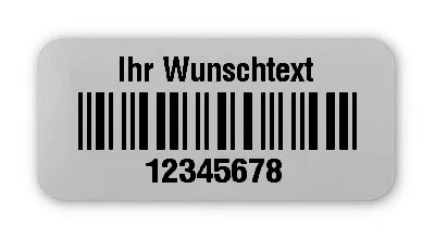Universaletiketten Material:Polyester-Folie Silberoptik matt Größe:26x12mm Kopfzeile:"Ihr Wunschtext" Barcode:2a5 interleaved Stellenanzahl:8-stellig Ausführung:1 Etikette pro Nummer Menge:1000