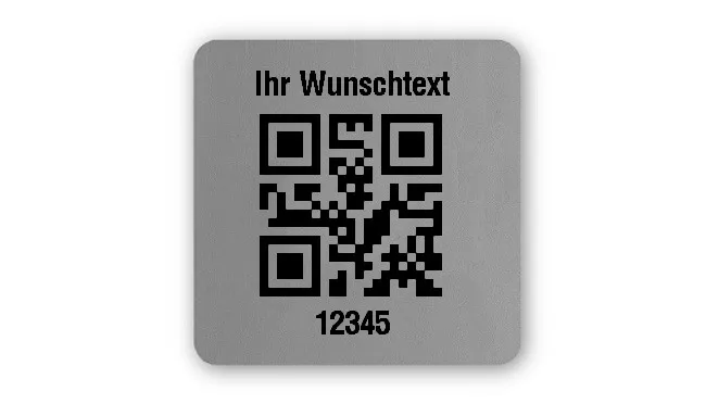 Universaletiketten Material:Polyester-Folie Silberoptik matt Größe:26x26mm Kopfzeile:"Ihr Wunschtext" Barcode:QR Stellenanzahl:5-stellig Ausführung:1 Etikette pro Nummer Menge:100