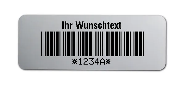 Universaletiketten Material:Polyester-Folie Silberoptik matt Größe:40x15mm Kopfzeile:"Ihr Wunschtext" Barcode:Code 39 mit Prüfziffer Stellenanzahl:5-stellig Ausführung:1 Etikette pro Nummer Menge:1000