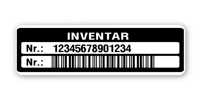 Inventaretiketten Material:Polyethylen-Folie hochglänzend weiß Größe:50x15mm Kopfzeile:"Inventar" Barcode:2a5 interleaved Stellenanzahl:14-stellig Menge:100