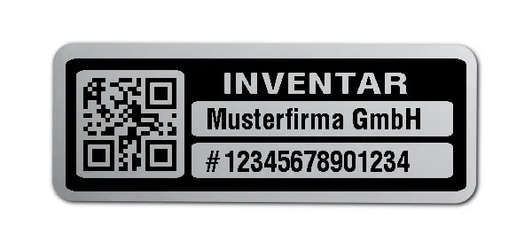 Inventaretiketten Material:Polyester-Folie Silberoptik matt Größe:40x15mm Kopfzeile:"Ihr Wunschtext" Barcode:QR Stellenanzahl:14-stellig Menge:100