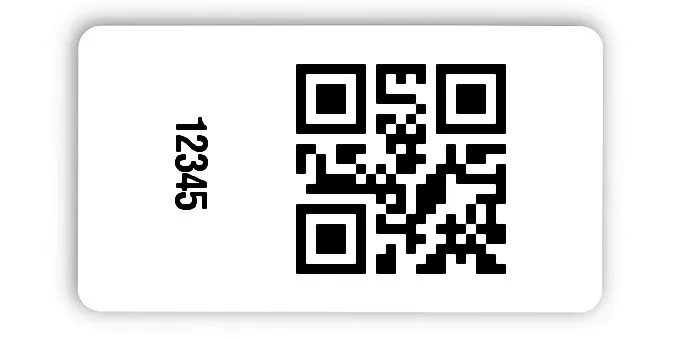 Universaletiketten Material:Folie hochglänzend weiß Größe:45x25mm Kopfzeile:"ohne" Barcode:QR Stellenanzahl:5-stellig Ausführung:4 Etiketten pro Nummer Menge:100