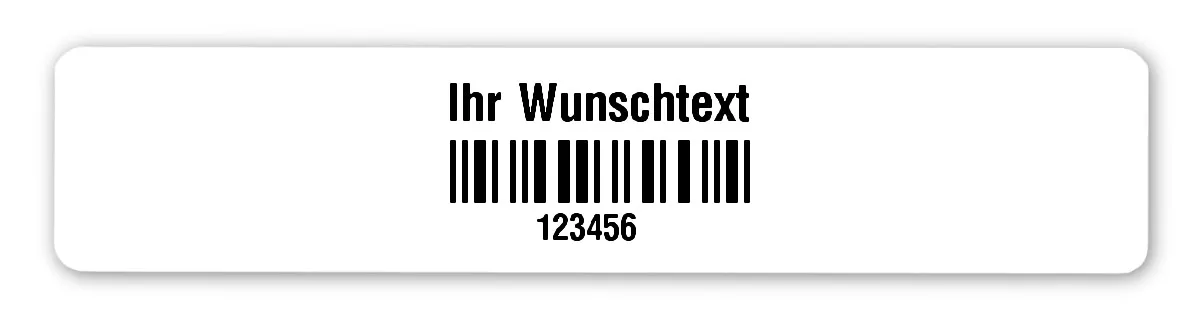 Universaletiketten Material:Polyethylen-Folie weiß matt opak Größe:77x16mm Kopfzeile:"Ihr Wunschtext" Barcode:2a5 interleaved Stellenanzahl:6-stellig Ausführung:1 Etikette pro Nummer Menge:100