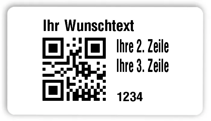 Universaletiketten Material:Polyethylen-Folie hochglänzend weiß Größe:54x30mm Kopfzeile:"Ihr Wunschtext" Barcode:QR Stellenanzahl:4-stellig Ausführung:1 Etikette pro Nummer Menge:100