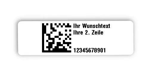 Universaletiketten Material:Folie hochglänzend weiß Größe:31x9mm Kopfzeile:"Ihr Wunschtext" Barcode:DataMatrix Stellenanzahl:11-stellig Ausführung:4 Etiketten pro Nummer Menge:1000