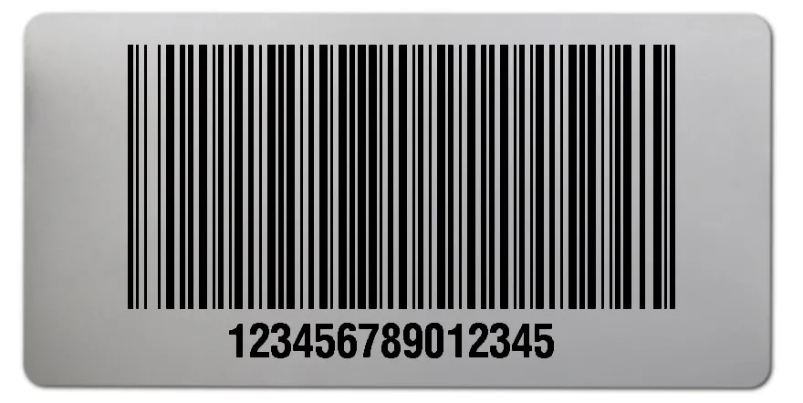 Universaletiketten Material:Polyester-Folie Silberoptik matt Größe:68x34mm Kopfzeile:"ohne" Barcode:128B Stellenanzahl:15-stellig Ausführung:1 Etikette pro Nummer Menge:1000