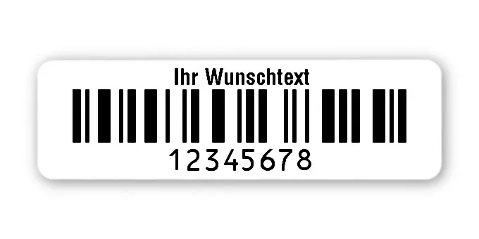 Universaletiketten Material:Folie hochglänzend weiß Größe:50x15mm Kopfzeile:"Ihr Wunschtext" Barcode:128C Stellenanzahl:8-stellig Ausführung:4 Etiketten pro Nummer Menge:1000
