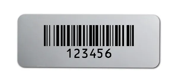 Universaletiketten Material:Folie silber matt Größe:40x15mm Kopfzeile:"ohne" Barcode:128B Stellenanzahl:6-stellig Ausführung:2 Etiketten pro Nummer Menge:100