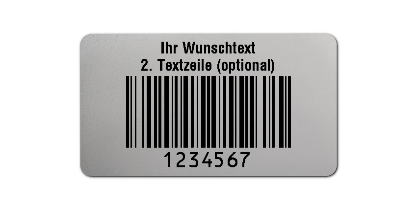 500x Prüfetiketten Folie silber, 45x25mm, 128B 7-stellig ff, Ihr Wunschtext, 1 Etikett pro Nummer