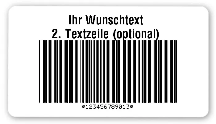 Universaletiketten Material:Polyethylen-Folie hochglänzend weiß Größe:54x30mm Kopfzeile:"Ihr Wunschtext" Barcode:Code 39 mit Prüfziffer Stellenanzahl:12-stellig Ausführung:1 Etikette pro Nummer Menge:100