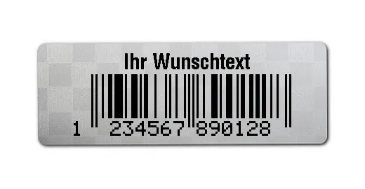 Universaletiketten Material:Polyester-Folie Silberoptik Siegeletikette Größe:36x13mm Kopfzeile:"Ihr Wunschtext" Barcode:EAN 13 Stellenanzahl:13-stellig Ausführung:1 Etikette pro Nummer Menge:100