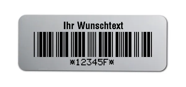 Inventaretiketten Universal Material:Folie silber matt Größe:40x15mm Kopfzeile:"Ihr Wunschtext" Barcode:Code 39 mit Prüfziffer Stellenanzahl:6-stellig Ausführung:1 Etikett pro Nummer Etiketten je Rolle:500