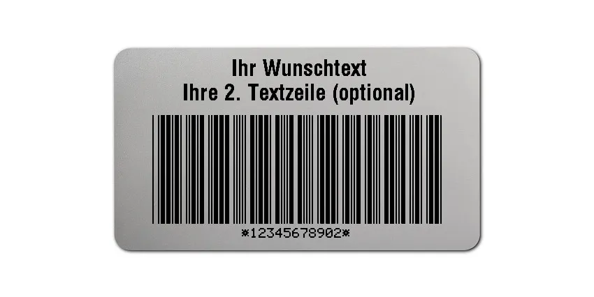 Universaletiketten Material:Polyester-Folie Silberoptik matt Größe:45x25mm Kopfzeile:"Ihr Wunschtext" Barcode:Code 39 mit Prüfziffer Stellenanzahl:11-stellig Ausführung:1 Etikette pro Nummer Menge:100