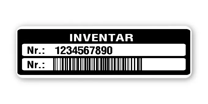 Inventaretiketten Material:Polyethylen-Folie hochglänzend weiß Größe:50x15mm Kopfzeile:"Inventar" Barcode:128B Stellenanzahl:10-stellig Menge:100