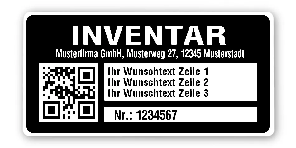 Inventaretiketten Material:Polyethylen-Folie hochglänzend weiß Größe:68x34mm Kopfzeile:"Ihr Wunschtext" Barcode:QR Stellenanzahl:7-stellig Menge:100