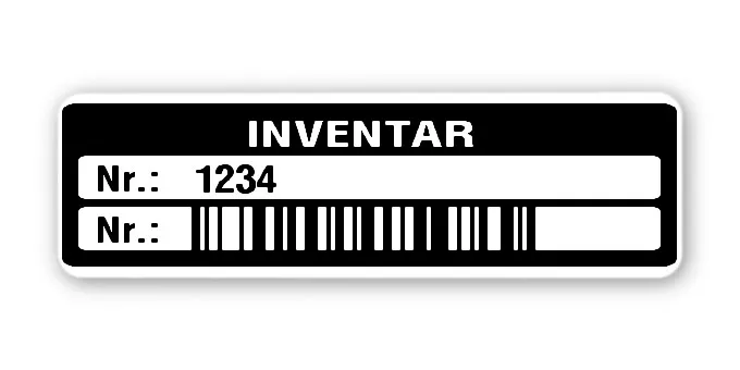 Inventaretiketten Material:Polyethylen-Folie hochglänzend weiß Größe:50x15mm Kopfzeile:"Inventar" Barcode:128B Stellenanzahl:4-stellig Menge:100