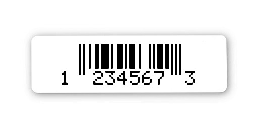 EAN Etiketten Material:Polyethylen-Folie hochglänzend weiß Größe:31x9mm Kopfzeile:"ohne" Barcode:UPC E Stellenanzahl:7-stellig Menge:100